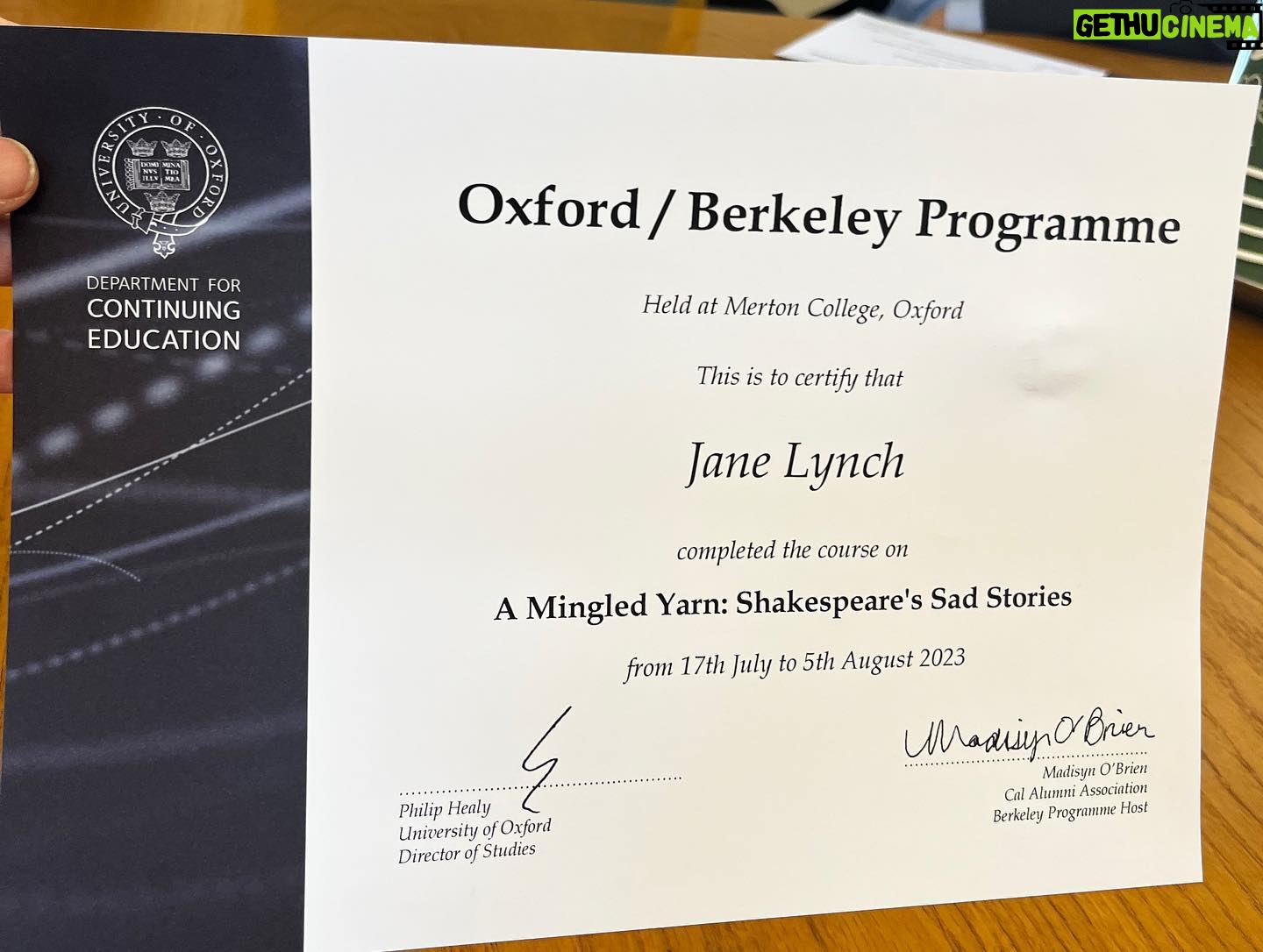 Jane Lynch - 7.9K Likes - I’ve been a scholar. For the last three weeks. At @oxford.university @mertonoxford. Here’s the proof. The next photo is of @holytrinitychurchstratford where Shakespeare is buried. It’s in #stratforduponavon where he was born, lived and died.