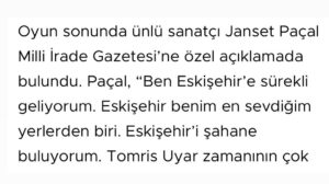 Janset Paçal Instagram - 🎭 #Tomris oyunumuz ile ilgili Ufuk Azbay tarafından hazırlanan haber 3 Şubat 2024 tarihinde Milli İrade Gazetesi'nde yayınlandı📰

Keyifli okumalar 📰🎭

📇Haber: Ufuk Azbay @azbayufuk 
📰Gazete: Milli İrade Gazetesi @milliiradegazetesi 

Haberin tamamı: https://www.milliirade.com/tomris-performansi-ayakta-alkislandi

@jansetpacal @tomrisoyunofficial @jansetpacal.tv

⭐️Tomris 

📌4 Şubat'ta Ankara Cermodern'de
📌19 Şubat'ta Ataköy Yunus Emre Kültür Merkezi'nde
📌28 Şubat'ta Çorlu Memduh Şevket Esendal Sahnesi'nde sahnelenecek. 

🎫 Biletler Biletix ve Biletinial'da.

🎭 İyi Seyirler 

TOMRİS: @jansetpacal 
Yazar: @kaanerkam 
Yönetmen: #MehmetUlay
Sanat Yönetmeni: @kemaldogulu
Tomris Ekip: @aysuzzzz @harunozdn 
JPTV Ekip: @egeshaqrock 
DonKişot Organizasyon: @donkisottiyatro (05445178402) @_ahmetdinc

 #tomrisoyun  #live #performance 
 #theatre #tiyato #jansetpaçal #janset #kemaldogulu #actress #interview #press #media #photoshoot #backstage #eskişehir #zübeydehanımkültürmerkezi