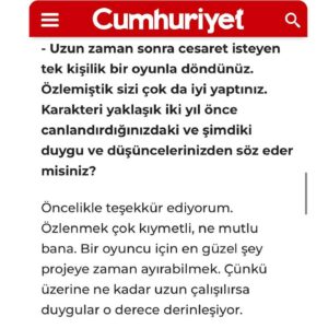 Janset Paçal Instagram - 🎭 #Tomris oyunumuz ile ilgili Cumhuriyet Gazetesi'nde yayınlanan Sebla Didem Korday ile yaptığımız keyifli röportajımızı okuyabilirsiniz. 

📇 Haber: Sebla Didem Korday 
📰 Gazete: Cumhuriyet Gazetesi  @cumhuriyetgzt 

Link: https://www.cumhuriyet.com.tr/cumhuriyet-pazar/janset-pacalin-rolu-icin-kaslarini-kazidigi-tomris-oyunu-yeniden-2171296

TOMRİS: @jansetpacal 
Yazar: @kaanerkam 
Yönetmen: #MehmetUlay
Sanat Yönetmeni: @kemaldogulu
Tomris Ekip: @aysuzzzz @harunozdn 
JPTV Ekip: @egeshaqrock 
DonKişot Organizasyon: @donkisottiyatro (05445178402) @_ahmetdinc 

#tomris #tomrisuyar #gazete #haber #edebiyat #kültür #sanat #Ankara #cermodern #Janset #JansetPaçal #KemalDoğulu #röportaj #interview #actress #theatre #live #performance  #press #news