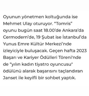 Janset Paçal Instagram - 🎭Tomris oyunumuz ile ilgili Sebla Didem Korday ile gerçekleştirdiğimiz röportajımız 4 Şubat 2024 tarihinde Cumhuriyet Gazetesi'nde yayınlandı. 
Röportajın tamamını linki tıklayarak görebilirsiniz. 
Keyifli okumalar...

📇 Haber: Sebla Didem Korday 
📰 Gazete: Cumhuriyet Gazetesi  @cumhuriyetgzt 

Link: https://www.cumhuriyet.com.tr/cumhuriyet-pazar/janset-pacalin-rolu-icin-kaslarini-kazidigi-tomris-oyunu-yeniden-2171296

TOMRİS: @jansetpacal 
Yazar: @kaanerkam 
Yönetmen: #MehmetUlay
Sanat Yönetmeni: @kemaldogulu
Tomris Ekip: @aysuzzzz @harunozdn 
JPTV Ekip: @egeshaqrock 
DonKişot Organizasyon: @donkisottiyatro (05445178402) @_ahmetdinc 

#tomris #tomrisuyar #gazete #haber #edebiyat #kültür #sanat #Ankara #cermodern #Janset #JansetPaçal #KemalDoğulu #röportaj #interview #actress #theatre #live #performance  #press #news