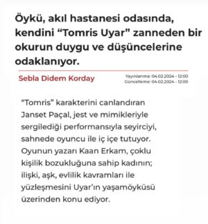 Janset Paçal Instagram - 🎭Tomris oyunumuz ile ilgili Sebla Didem Korday ile gerçekleştirdiğimiz röportajımız 4 Şubat 2024 tarihinde Cumhuriyet Gazetesi'nde yayınlandı. 
Röportajın tamamını linki tıklayarak görebilirsiniz. 
Keyifli okumalar...

📇 Haber: Sebla Didem Korday 
📰 Gazete: Cumhuriyet Gazetesi  @cumhuriyetgzt 

Link: https://www.cumhuriyet.com.tr/cumhuriyet-pazar/janset-pacalin-rolu-icin-kaslarini-kazidigi-tomris-oyunu-yeniden-2171296

TOMRİS: @jansetpacal 
Yazar: @kaanerkam 
Yönetmen: #MehmetUlay
Sanat Yönetmeni: @kemaldogulu
Tomris Ekip: @aysuzzzz @harunozdn 
JPTV Ekip: @egeshaqrock 
DonKişot Organizasyon: @donkisottiyatro (05445178402) @_ahmetdinc 

#tomris #tomrisuyar #gazete #haber #edebiyat #kültür #sanat #Ankara #cermodern #Janset #JansetPaçal #KemalDoğulu #röportaj #interview #actress #theatre #live #performance  #press #news