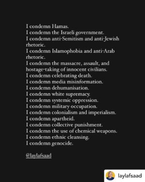 Jazmyn Simon Instagram - Written by the eloquent @laylafsaad who I have admired since first discovering her. 

The first slide tells you everything I condemn. If you choose to misunderstand me, that’s on you.