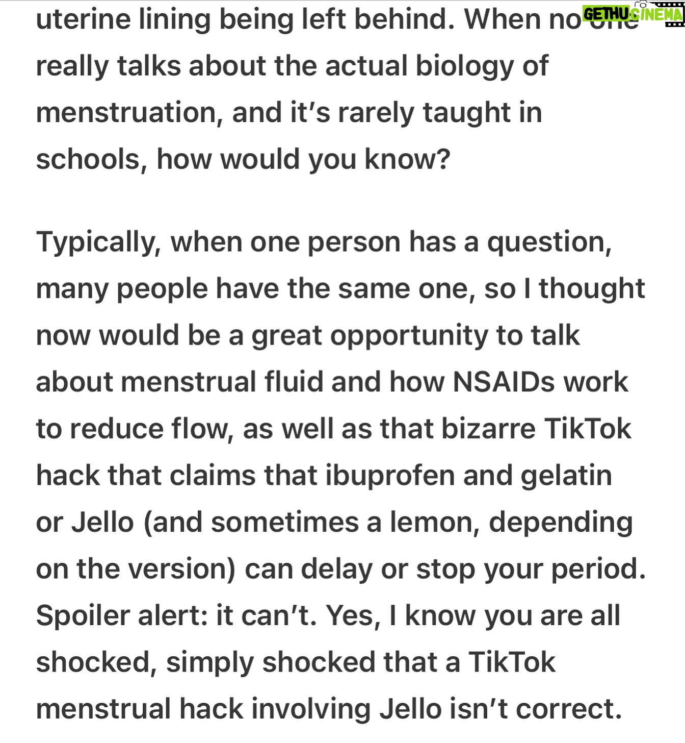 Jen Gunter Instagram - My latest post for The Vajenda is up at TheVajenda.com and it’s a basic primer on menstruation, as in how much is too much and the composition (it’s not just blood). Then I explain how ibuprofen can reduce menstrual bleeding and take on that TikTok menstrual hack that is supposed to stop or delay your period and is about as effective as you would think. If you want to skip or delay a period, there are hormones for that! Hope you read the post, and my book Blood is filled with information like this!