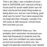 Jen Lilley Instagram - It’s time for another round of random facts about me with a random photo. This one’s a bit longer so I had to screen cap my facts (swipe to see them). Posting because I truly hope it inspires & encourages you. After writing these, I emailed my Professor. Thinking he wouldn’t remember me but he should still be thanked. He wrote back, correcting my dates, & even included his recommendation letter of me to UVA. 1)I used to have such bad test anxiety that I would almost pass out. Way back when I took the SATs & the top score was still 1600, I would always get over 1500 on my practice test, which were simply old SATs that one would use to prepare. However, when I would get to test day, I would almost pass out because I wanted to go to the University of Virginia since I was about three years old, and I knew that you had to get a minimum of 1400 in order to get into the school. So I would shake so hard my pencil would fall to the ground and then once I picked up my pencil, I would shake so hard my paper would fall to the ground and I would just lose very valuable time. I have no idea if they still time those tests but they were timed when I took them. I think the best I ever got was 1310.  (I had to take it multiple times due to overwhelming anxiety). It wasn’t until my first year of College when I attended James Madison University, that a professor of geography pulled me out of class one day and said I don’t understand how you’re not getting a perfect score on every test. You know every single answer in class to the point that I don’t call on you because we need to give somebody else a chance. But when you get to the test, it’s like you think I’m tricking you and you miss answers that I know you answered correctly during lecture. Anyway, long story short, he talk to me about my fear and asked me why I put so much pressure on myself, and I told him it was because UVA said if I got perfect grades, they would let me in as a transfer student. I did end up transferring to the University of Virginia, and I suppose that was fate because I never would have found acting if I hadn’t gone on to UVA, but I will never forget that professor because he changed my entire life.