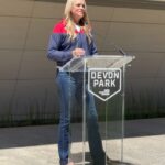 Jennie Finch Instagram - The celebration continued for our new stadium partnership with @DevonEnergy! Jennie Finch was honored as a guest speaker for the event and had a moving words on this partnership and what it means to the sport! (Slide 3 & 6). #USASoftball, OKC Spark, OU Softball, and OSU Softball had representatives at the Devon Employee Event in Downtown OKC at the Devon Tower to sign autographs and throw some batting practice!