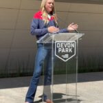 Jennie Finch Instagram - The celebration continued for our new stadium partnership with @DevonEnergy! Jennie Finch was honored as a guest speaker for the event and had a moving words on this partnership and what it means to the sport! (Slide 3 & 6). #USASoftball, OKC Spark, OU Softball, and OSU Softball had representatives at the Devon Employee Event in Downtown OKC at the Devon Tower to sign autographs and throw some batting practice!