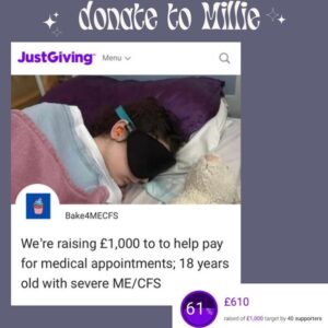 Jennie Jacques Instagram - This is very close to my heart ❤️ and many #pwme 
*
Please share and if you are able to please 🙏 give a little - link in my LinkTree ✨ donate to Millie
*
@bake4mecfs are running a World book 📖 day & Easter 🐣 bake off; maybe you’d like to join in? #bakingforacause #baking #bakinglove 
*
#mecfs #severeme #savemillie
