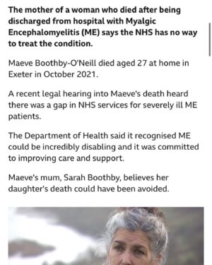 Jennie Jacques Instagram - I’m disgusted by the treatment (& lack of!) for #mecfs to date - please 🙏 can someone tell me how many more millions of beautiful talented souls need to go missing from their lives… and/or die before the REAL change happens? READ the latest LINK in my bio/LinkTree & support charities like @polybiorf to fund the fcking science 
💙
GREAT CHANGE is on that horizon… I can feel it in my bones… & I will NOT stop shouting with the #millionsmissing for JUSTICE. I might just possibly be in that lucky 🍀 percent who improve… although still a shadow of my former self… I’ll give EVERYTHING I have got to set the narrative straight on this horrifically neglected disability ♥️ 
*
Thank you @bbcspotlight & Maeve’s courageous family who are fighting on behalf of Maeve & millions of others 👏