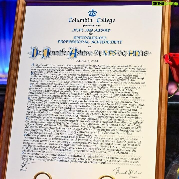 Jennifer Ashton Instagram - Honored to receive the John Jay Award for Distinguished Professional Achievement from my Alma Mater @columbia last evening, and deeply touched by the attendance of the special humans that came to support. John Jay Scholarships provide financial assistance to first year students at Columbia and being recognized amongst a truly outstanding group of past honorees was deeply humbling for me. Last evening raised $1.6M . #columbia #johnjayawards
