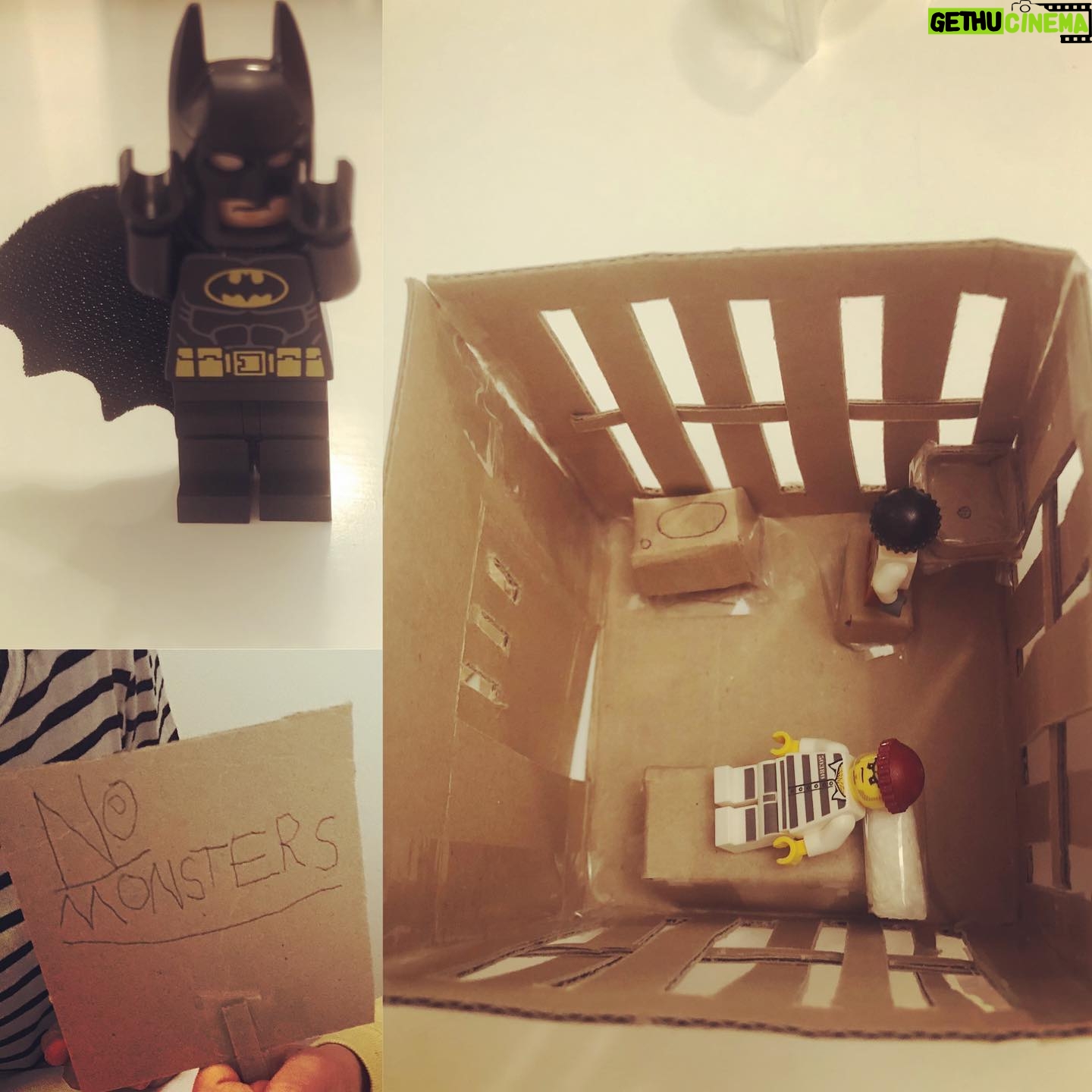 Jennifer Carpenter Instagram - I mean... who needs screen-time when you’ve got old boxes, superheroes, and tape!? Also- NO MONSTERS! #screentime #momlife (Special thanks to @helloclove for making the criminal’s pillow)