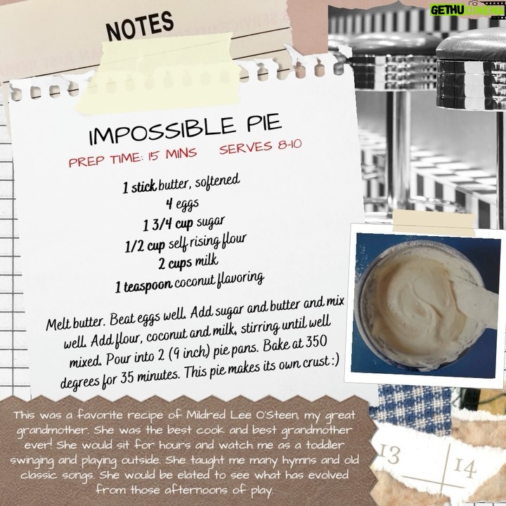 Jennifer Nettles Instagram - My Great Grandma Bray was so special and dear to me. I have so many memories of her. To include this pie she used to make. This is her very own pie “Impossible Pie” recipe and, unlike the name suggests, it is actually an easy crowd pleaser!
