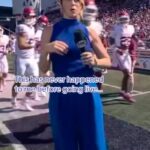 Jenny Taft Instagram - I promise that right before this live report the team had not run out yet 🤣 (poor timing by me!) and then I was stuck and the camera and I couldn’t move… Sorry @sammy.omosigho !! 😬 Live TV gets ya sometimes! 😅 #sidelinereporter #tv #collegefootball #cfbonfox