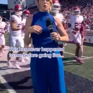 Jenny Taft Instagram - I promise that right before this live report the team had not run out yet 🤣 (poor timing by me!) and then I was stuck and the camera and I couldn’t move… Sorry @sammy.omosigho !! 😬 Live TV gets ya sometimes! 😅 #sidelinereporter #tv #collegefootball #cfbonfox
