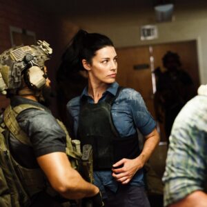 Jessica Paré Instagram - Mandy swaps the navy blazer for a low vis plate carrier.