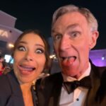 Jessica Parker Kennedy Instagram - Thanks to @ronenrubinstein for bringing me to the #EMAAwards! And thank you to @billnye for making all of my childhood dreams come true when I met you! Also please make sure to follow @gloriawalton who is the the CEO and president of @100isnow which is doing extraordinary environmental work. Solutions solutions solutions! It was so wonderful to spend time with you and your partner. 😊 The evening honored @maggiembaird who said in part, “Plant based food is not the only solution to climate change but there is no solution without it. We have the privilege to choose what we eat for the people who are most affected by climate change who are the least responsible for it.” Makeup by @makeupbymotoko Hair by @josephchase Diamonds by @vraiofficial @green4ema