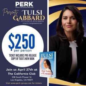 Jessica Sutta Instagram - @perk_group presents @tulsigabbard Come join us April 27th in Los Angeles. I’ve heard nothing but amazing things about Tulsi and I’m so excited to go to this very special event! See you there! Link in stories!! ❤️