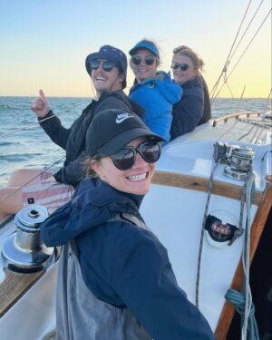 Jessica Watson Instagram - A very different Easter. 

🛠️ ➡️⛵️

📷:
1. Final twilight sail for the season 
2. & 3. Spot the Queenslander🧣😂🤰💙
4. This time last year - brutal sanding boot camp (thanks sis!)