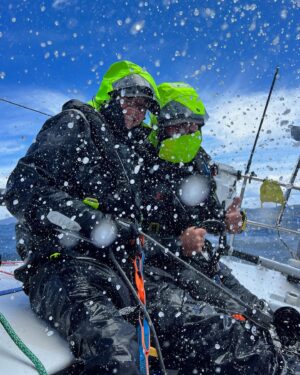 Jessica Watson Instagram - 📷 @officialrolexsydneyhobart @azzurroyachtracing photo dump: 

1. Pretty much sums up the race
2. & 3. Letting down the team with my 🕶️ game - anything for a bit of relief from the saltwater onslaught 
4. Ready for sked 😂
5. An S&S34 doing 14 knots 😮
6. Throwing up a wake on the final approach to the finish line - a very rare few minutes of downwind sailing 
7. Azzurro fans 💙 and accurate representation of wave height 😏
8. Recovery underway. Time to pack the well-used hyperthermia blanket away. 9 stitches in @xavier.doerr ‘s hand. Let’s not talk about how “wonderful” the cabin smells 
9. & 10. Just the best to share adventures with mates 💙💙💙