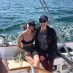 Jessica Watson Instagram - A very different Easter. 🛠️ ➡️⛵️ 📷: 1. Final twilight sail for the season 2. & 3. Spot the Queenslander🧣😂🤰💙 4. This time last year - brutal sanding boot camp (thanks sis!)