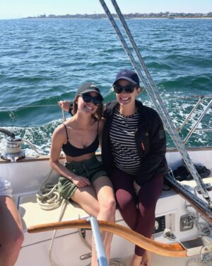 Jessica Watson Instagram - A very different Easter. 

🛠️ ➡️⛵️

📷:
1. Final twilight sail for the season 
2. & 3. Spot the Queenslander🧣😂🤰💙
4. This time last year - brutal sanding boot camp (thanks sis!)