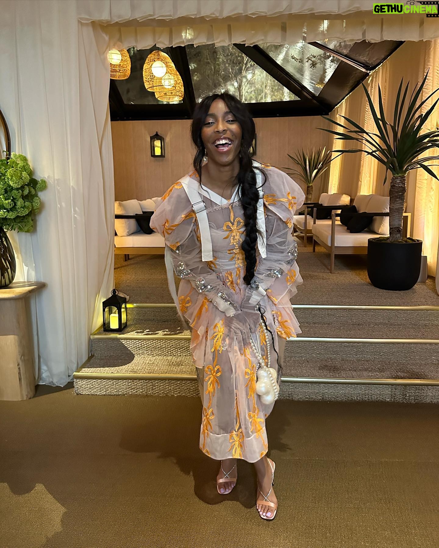 Jessica Williams Instagram - Got to wear @simonerocha_ to the @sagawards after party a couple weeks ago and the dress and gloves and purse straight up made me GLOW. Hung with my bestie @sallywallylee & met and fell and love with the Severance gals! Highlights! Makeup// @danadelaney Hair// @alexander_armand Dress// @simonerocha_ Stylist// @sarahslutsky