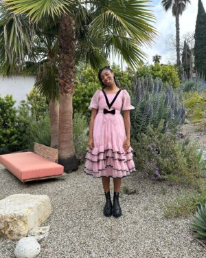 Jessica Williams Instagram - ❤️I love @bora_aksu . ❤️

A couple of weeks ago for #deadlinecontenders.

Springtime in my Garden!! 
Ask me about my plants because I love them!!!! 

Makeup// @cherishbrookehill 
Hair Styling// @milesjeffrieshair 
Locs install// @hairbyashnicole 
Stylist// @sarahslutsky 
Dress// @bora_aksu 
Boots// @therow (gifted from Mia Hines Wardrobe in Love Life season 2!!)
Bow// @leletny 
Garden of my dreams// @sarita.jaccard.design