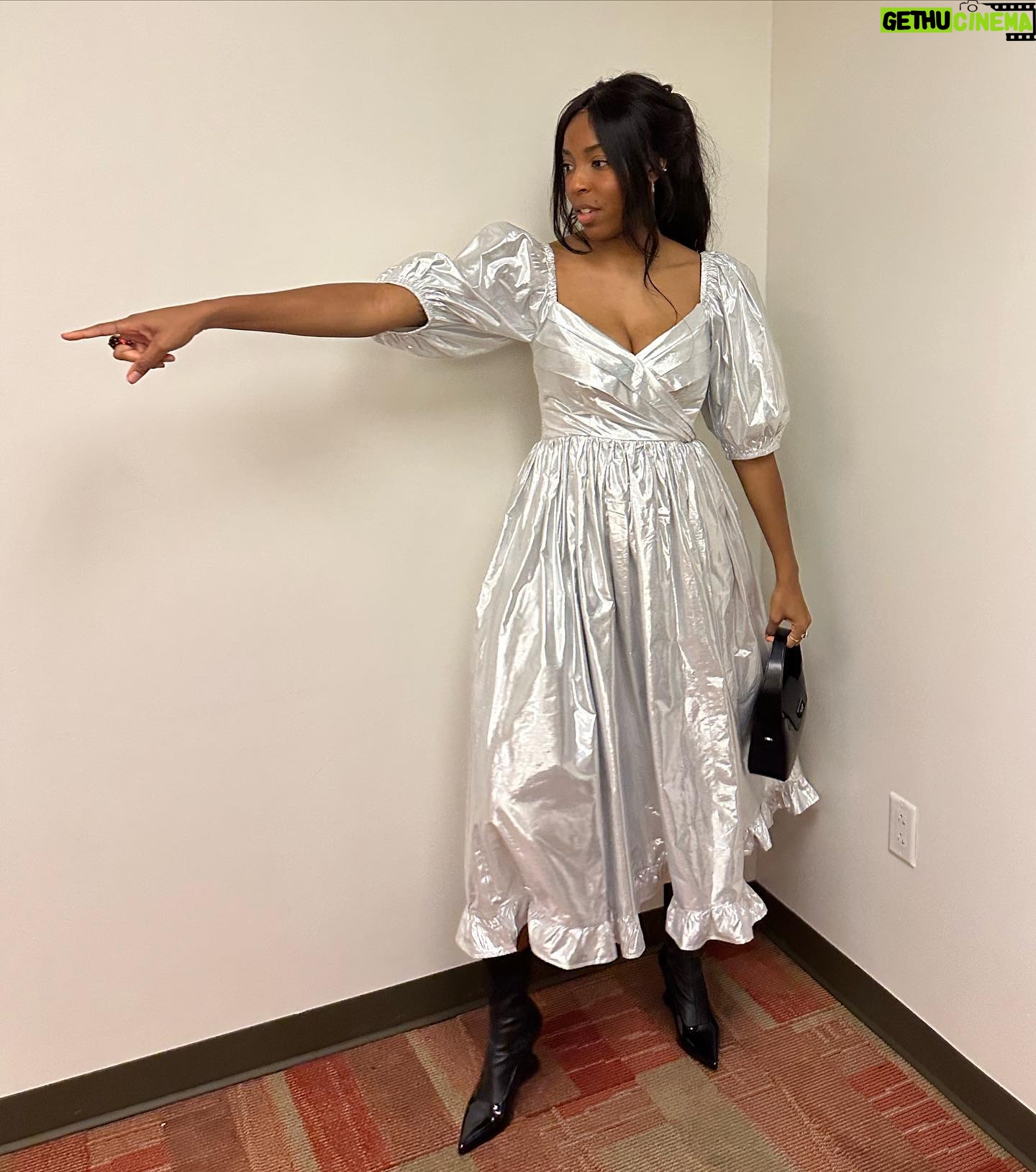 Jessica Williams Instagram - Felt like a tall future space princess in this INSANE (❤️!) @batshevadress for the @filmindependent Q&A for Shrinking! Thank you for having us! Dress// @batshevadress Bag// @katespadeny Shoes// @charleskeithofficial Stylist// @sarahslutsky Makeup// @cherishbrookehill Hair// @larryjarahsims