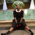 Jessica Williams Instagram - SHRINKING press day in LA for @appletvplus !!!! In this @samanthapleet dress and gloves that just… 😩😩🥹!! 🥀🌹🥀 Dress & gloves// @samanthapleet Shoes// @reformation Socks// @wolford Stylist// @sarahslutsky Makeup// @cherishbrookehill Hair Styling// @marciahamilton