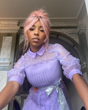 Jessica Williams Instagram - spring time pastel witchy vibes for another fantastic beasts press day
Thank you @bora_aksu 💕

Makeup: @official_maria_asadi 
Hair: @jamescatalanohair 
Styling: @sarahslutsky 
Dress: @bora_aksu 
Jewels: @crystalhazejewelry