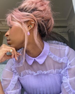 Jessica Williams Instagram - spring time pastel witchy vibes for another fantastic beasts press day
Thank you @bora_aksu 💕

Makeup: @official_maria_asadi 
Hair: @jamescatalanohair 
Styling: @sarahslutsky 
Dress: @bora_aksu 
Jewels: @crystalhazejewelry