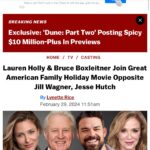 Jill Wagner Instagram - God has blessed my life again by allowing me to work along side these actors . I admire them and I feel so honored to share my next Christmas film with them . This one is very special to me . Thank you to the entire cast and crew of this film . I sincerely mean it when I say it has been one of the best working environments of my entire career. @laurenholly you light up the screen , @boxleitnerbruce no one like you !!! you are TRON ! Need I say more ?!!! Hahahah and @jesse_hutch your effortless charm will have everyone swooning in this movie ;-) I can’t wait for you all to see movie ! 2 words for you …. REAL SNOW!!!!! ( and lots of it ) Link to article : https://deadline.com/2024/02/great-american-family-holiday-movie-lauren-holly-bruce-boxleitner-jill-wagner-1235842274/