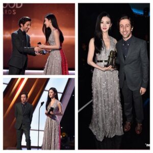 Jing Tian Instagram - Such an amazing moment – very honored! I loved meeting #BigBangTheory’s #SimonHelberg at the Hollywood Film Awards. 
He presented me with the Hollywood International Award! #HollywoodFilmAwards #tbt #awardseason