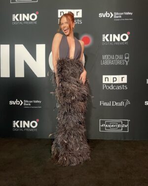 Jordan Clark Instagram - Had the most fabulous time with @kinomakesmovies last night. You guys really know how to throw an event on a Wednesday night. Congratulations to all the beautiful shorts films and to the Kino team.

I also want to say thank you to @catherineregehr for the absolutely drop dead gorgeous dress. So happy to be representing a canadian designer ❤️