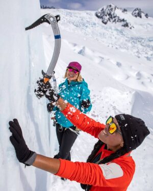 Joy Bryant Instagram - We arrive at a wall of ice and snow rising from the slope. “This is perfect,” @carolinewaregeorge says, before taking me off line. Perfect for what, 
I ask. “Ice climbing.” .
.
What? I’m not doing that!
.
.
As Paul and Nick rig the ropes, Caroline introduces @adavecalledyeti and I to the basics of ice climbing. “It’s all in the wrist,” she says of the axe. “Kick the wall like a soccer ball,” that’s where the crampons come in. .
.
But I wasn’t really getting it. My axes didn’t cut deep enough, my crampons were slipping, and I couldn’t get off the ground. I was over it already.
.
.
Caroline attaches herself to the belay line that will secure her climb and descent on the ice, with Paul as safety on the other end. .
.
She expertly cuts and kicks her way up to the top of the ice formation, and descends with the elegance of a spider on silk. “You’re next,” Paul tells me. What? .
.
“I’m not doing that!” I point to the wall. “I can’t do that! That’s crazy!” .
.
“Sure you can,” he laughs. .
.
Caroline ties the rope to my harness with a figure eight knot, before handing me two axes. “You got this, Joy.” I didn’t believe her one bit, but I went for it anyway. There was no other option; “can’t” is not in these people’s vocabulary.
.
.
To my surprise, I got off the ground… and kept going.
.
.
With Caroline coaching from below (“Push your hips into the ice before you swing!”) I danced my way up the wall. 
Push, swing, kick, kick! Push, swing, kick, kick!
.
.
As I made my way, all that mattered was the ice in front of me, and the path ahead. And I felt the great pleasure of doing what I’m supposed to be doing, the way I’m supposed to do it.
.
.
Flow on ice. And I never looked down. .
#LiveYourAdventure #EddieBauer
#NewZealand #FranzJosefGlacier 📸 @eliza_earle 
@eddiebauer
@newzeal2015
@ihprteam
#EBPartner