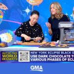 Judy Joo Instagram - Thrilled to be back on Good Morning America, this time celebrating the solar eclipse with some delights for kids! From the galaxy-inspired Rice Krispies Treats to the Celestial Chocolate Moon Pies, it was a joy to share these space-themed treats. Cooking should always be an adventure! A huge thanks to @goodmorningamerica for the opportunity to spread a little cosmic culinary magic. For the recipe go to: https://www.goodmorningamerica.com And, a big thank you to @toryburch for my galaxy inspired outfit! #JudyJoo #GoodMorningAmerica #SolarEclipse #KidsTreats #CulinaryMagic #SpaceyDesserts #CelestialTreats #FoodieFun #ExploreTheUniverse #CulinaryJourney #ChefLife #ChefsOfInstagram #FoodCulture #PassionForFood #ricekrispytreats #baking #abcnews #kidsrecipes