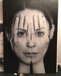 Jules Wainstein Instagram - It's done!  Freaking out over @tigrantsi 🎨 thank u for letting me be a part of ur vision! #UltimateSelfie #EveryWomanHasaStory #themask #tigrantsitoghdzyan #oiloncanvas #mirrorpainting #incredible 💋🤘