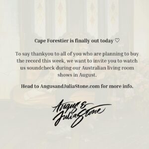 Julia Stone Instagram - Cape Forestier is finally here, we hope you enjoy it. Thank you for all of your support ❤️

Head to our website to check it out 🌼

#angusandjuliastone #capeforestier