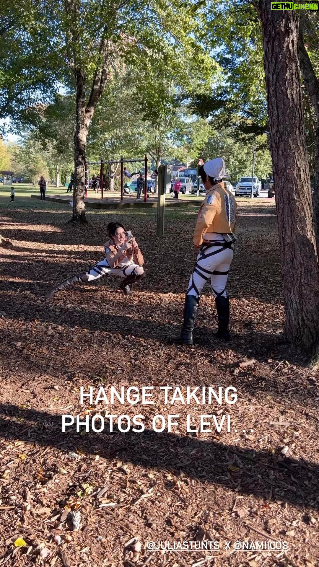 Julia Maggio Instagram - You can hire Hange for your photography services… Levi: @namii.cos Hange: @juliastunts #aot #attackontitan #shingekinokyojin #snk #hangezoe #leviackerman #進撃の巨人 #anime #manga