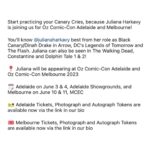 Juliana Harkavy Instagram – 🦘🇦🇺💥 A U S T R A L I A 💥 🇦🇺🦘 

There’s about to be some thunder down under! I’ll be appearing at @ozcomiccon Adelaide *and* Melbourne, June 2023! Can’t wait to meet you all! 

Swipe for more info! 🪃🪃🪃

#ozcomiccon #blackcanary #arrowverse #ozcomicconmelbourne #ozcomicconadelaide #thewalkingdead #ozcomiccon2023