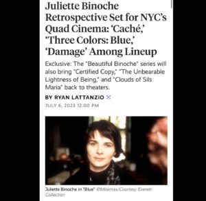 Juliette Binoche Instagram - I can only share this retrospective with the 10 directors and many actors and technicians I have been working with. Thank you to the Quad Cinema for making it happen. In New-York city !!! I can’t believe it !!! 🎉🔥💖🌈
I love acting since the start and can’t stop loving it. In acting, present becomes eternal, not because of cinema but because of the power of creation.  I worked a lot but life took care of me too. Blessings. ✨