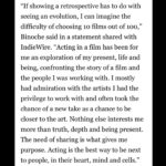 Juliette Binoche Instagram – I can only share this retrospective with the 10 directors and many actors and technicians I have been working with. Thank you to the Quad Cinema for making it happen. In New-York city !!! I can’t believe it !!! 🎉🔥💖🌈
I love acting since the start and can’t stop loving it. In acting, present becomes eternal, not because of cinema but because of the power of creation.  I worked a lot but life took care of me too. Blessings. ✨