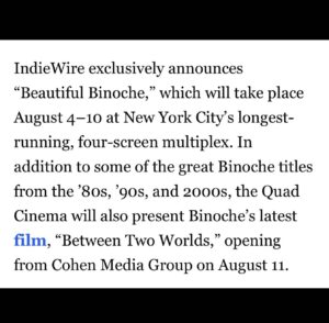 Juliette Binoche Instagram - I can only share this retrospective with the 10 directors and many actors and technicians I have been working with. Thank you to the Quad Cinema for making it happen. In New-York city !!! I can’t believe it !!! 🎉🔥💖🌈
I love acting since the start and can’t stop loving it. In acting, present becomes eternal, not because of cinema but because of the power of creation.  I worked a lot but life took care of me too. Blessings. ✨