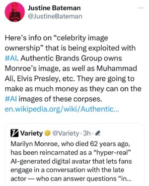Justine Bateman Instagram - Here comes your never-going-to-escape-20th-century-pop-culture future. 

Pull the rip-cord and excuse yourself from this #AI direction by refusing to be sucked out of your own future with this shit. 

Look away from it and look ahead to The Real and The New. 
It’s not in an app, and it’s the opposite of AI.