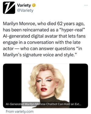 Justine Bateman Instagram - Here comes your never-going-to-escape-20th-century-pop-culture future. 

Pull the rip-cord and excuse yourself from this #AI direction by refusing to be sucked out of your own future with this shit. 

Look away from it and look ahead to The Real and The New. 
It’s not in an app, and it’s the opposite of AI.