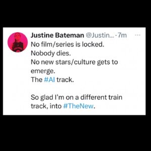 Justine Bateman Instagram - There’s the #AI track. 

And then there’s the other train track that goes into #TheNew.

Which one are you on? 

@_credo23_ #Credo23