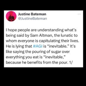 Justine Bateman Instagram - Think for yourself. 
The Tech Bros are lying to you.
