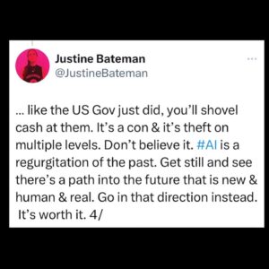 Justine Bateman Instagram - Think for yourself. 
The Tech Bros are lying to you.