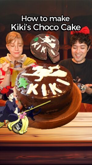 Kailene Falls Instagram - How to make Kiki’s Chocolate Cake! 🍫🧹🎂🐈‍
Big thanks to the talented artist @kailenefalls for helping bring this recipe to life and hand illustrating Kiki’s cake to use in this video! 
Tbh we made so many errors trying to make this cake, but the end result was soo worth it! If you have the time I highly recommend trying to make this cake 🎂

Ingredients:
Chocolate Cake:
1 3/4 cups all purpose flour
3/4 cup cocoa powder 
1 1/2 tsp baking powder
1 1/2 tsp baking soda 
2 cups sugar
1 tsp salt
2 eggs
1 cup milk 
1/2 cup vegetable oil 
2 tsp vanilla extract
1 cup boiling water
Sugar syrup (boil 30g sugar with 60g water)

Kiki Chocolate decorations: 
White chocolate
Green decoration chocolate
Red decoration chocolate

Chocolate Cream:
Heat 250cc fresh cream until about to boil
225g chocolate mix together with hand mixer

Chocolate Coating:
50g sugar
50cc water
20g pure cocoa
130cc fresh cream (heat until boil)
Put through strainer and add 100g chocolate
Stir gently no bubbles
Add 20cc vegetable oil
(make sure its 30°c) 

Recipe reference: Choki on YouTube 

#kiki #hayaomiyazaki #ghibli #studioghibli #kikisdeliveryservice #MajonoTakkyubin #animefood #animecooking #tasty #tastyfood #japanesefood #cake #チョコレートケーキ #魔女の宅急便