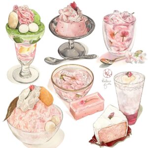 Kailene Falls Instagram - ❤️🌸Sakura Sweets 🌸❤️
❤️🌸桜スイーツ🌸❤️

Another Sakura collection! This time I tried to select pieces that had elements of transparency and/or interesting dishware! I love the color and design of so many sakura sweets, so even though the Sakura season is pretty much over, I still plan to paint a few more sweets yet this year!

② Sakura Parfait
③ Sakura Pudding
④ Sakura Jelly
⑤ Sakura Tea   Sakura Yokan
⑥ Sakura Shaved Ice
⑦ Sakura Float   Sakura Chiffon Cake

もう一つ桜のコレクション！今回はガラスや器が面白いものをまとめてみました。桜の季節がほぼ終わりだけど桜スイーツは後2個ぐらい描く予定です！色やデザインが可愛すぎるもん！