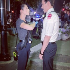 Kara Killmer Instagram - #Hawkami 1. We know who’s the dom in this relationship. 2. They even settle in for a photo cutely.🫠🥹3. Final product.  There’s a crowd in this Ambo, but Sylvie will allow it this time. 🥰🫶🥳 @hanakogreensmith @jimmynicks @nbconechicago @wolfentertainment